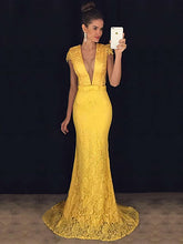 Trumpet/Mermaid V-neck Lace Prom Dresses with Sashes and Sweep Train