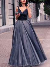 Princess V-Neck Satin Tulle Pleated Floor-Length Prom Dress