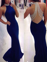 Make a Statement with Trumpet/Mermaid High Neck Jersey Sweep Train Beading Prom Dresses