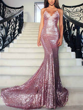 Sequined Appliques Lace Trumpet/Mermaid Prom Dresses with Sweep Train V-neck