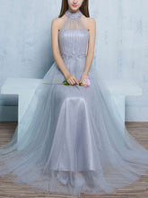 A-line High Neck Tulle Floor-length Appliques Lace Prom Dresses