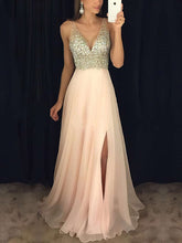 A-line Floor-length V-neck Chiffon Beading Prom Dresses