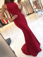 Mermaid High Neck Lace Prom Dresses with Sashes and Sweep Train