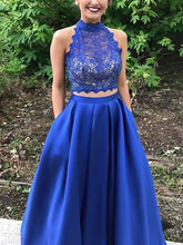 Princess High Neck Beaded Lace Satin Prom Dresses