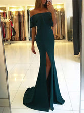 Silk-like Satin Split Front Sheath/Column Sweep Train Prom Dresses for Off-the-shoulder Look