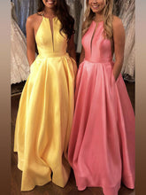 Princess Scoop Neck Satin Floor-length Pockets Prom Dress