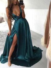 Halter A-line Prom Dress with Sweep Train and Split Front in Silk-like Satin