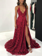 A-line Sweep Train Halter Lace Split Front Prom Dresses