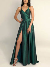 A-line Sweep Train V-neck Silk-like Satin Split Front Prom Dresses
