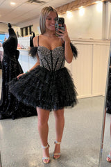 Sparkly Black Beaded Corset Ruffled Short Homecoming Dress/Mini Dress With Feathers