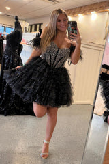 Sparkly Black Beaded Corset Ruffled Short Homecoming Dress/Mini Dress With Feathers