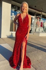 Red Sequined Mermaid Prom Dress with Deep V Neck and Open Back
