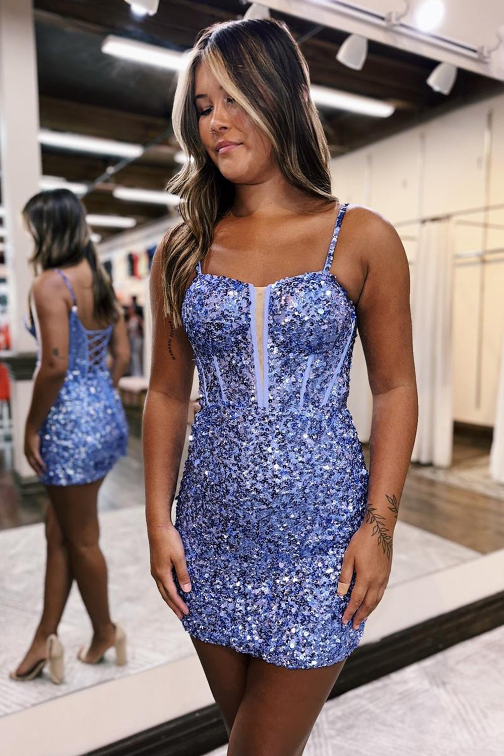 Sparkly Pink Sequins Corset Tight Short Homecoming Dress/Mini Dress