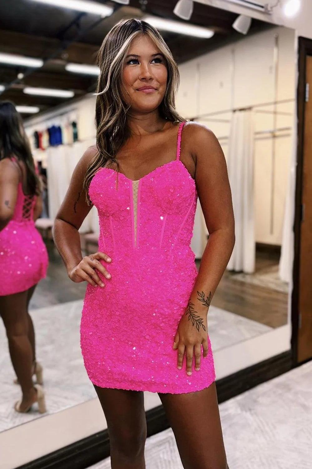 Sparkly Pink Sequins Corset Tight Short Homecoming Dress/Mini Dress