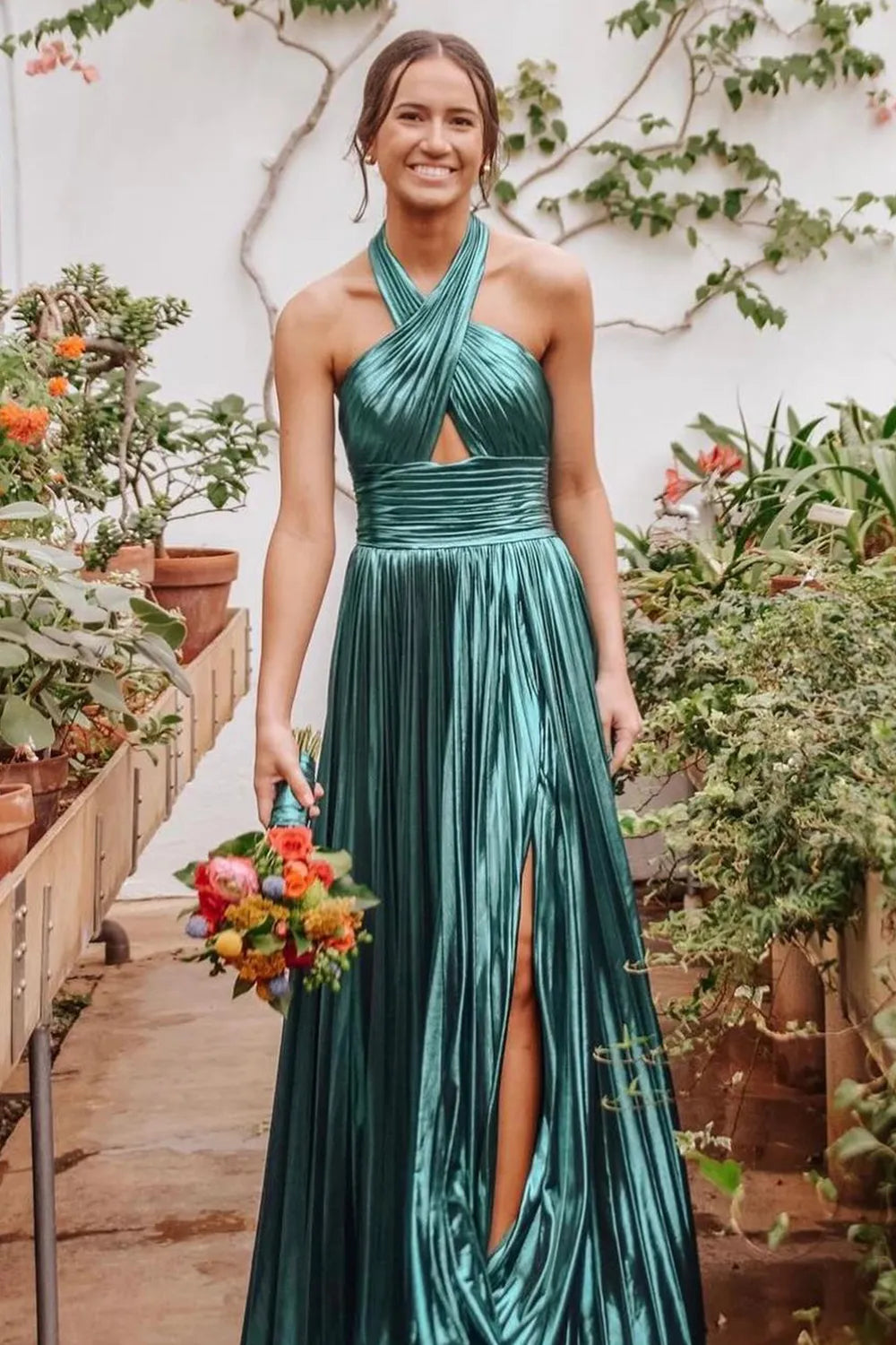 Long A-Line Pleated Prom Dress with Metallic Blush Halter Neck and Slit