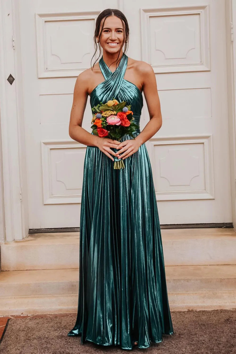 Long A-Line Pleated Prom Dress with Metallic Blush Halter Neck and Slit