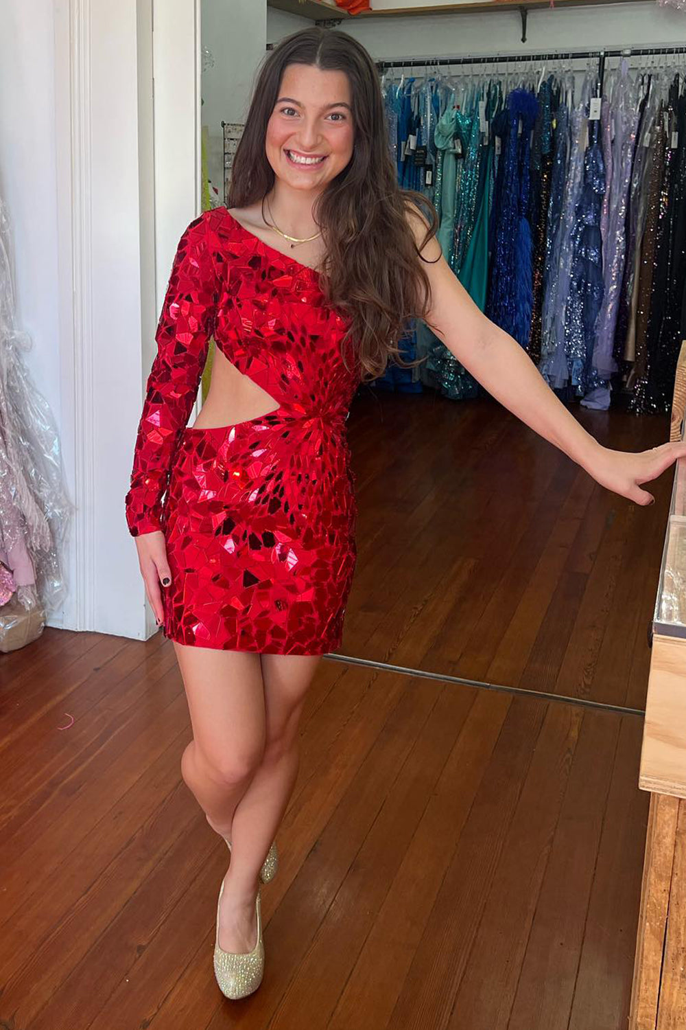 Sparkly Blue One Shoulder Cut Out Tight Mirror Short Homecoming Dress/Mini Dress