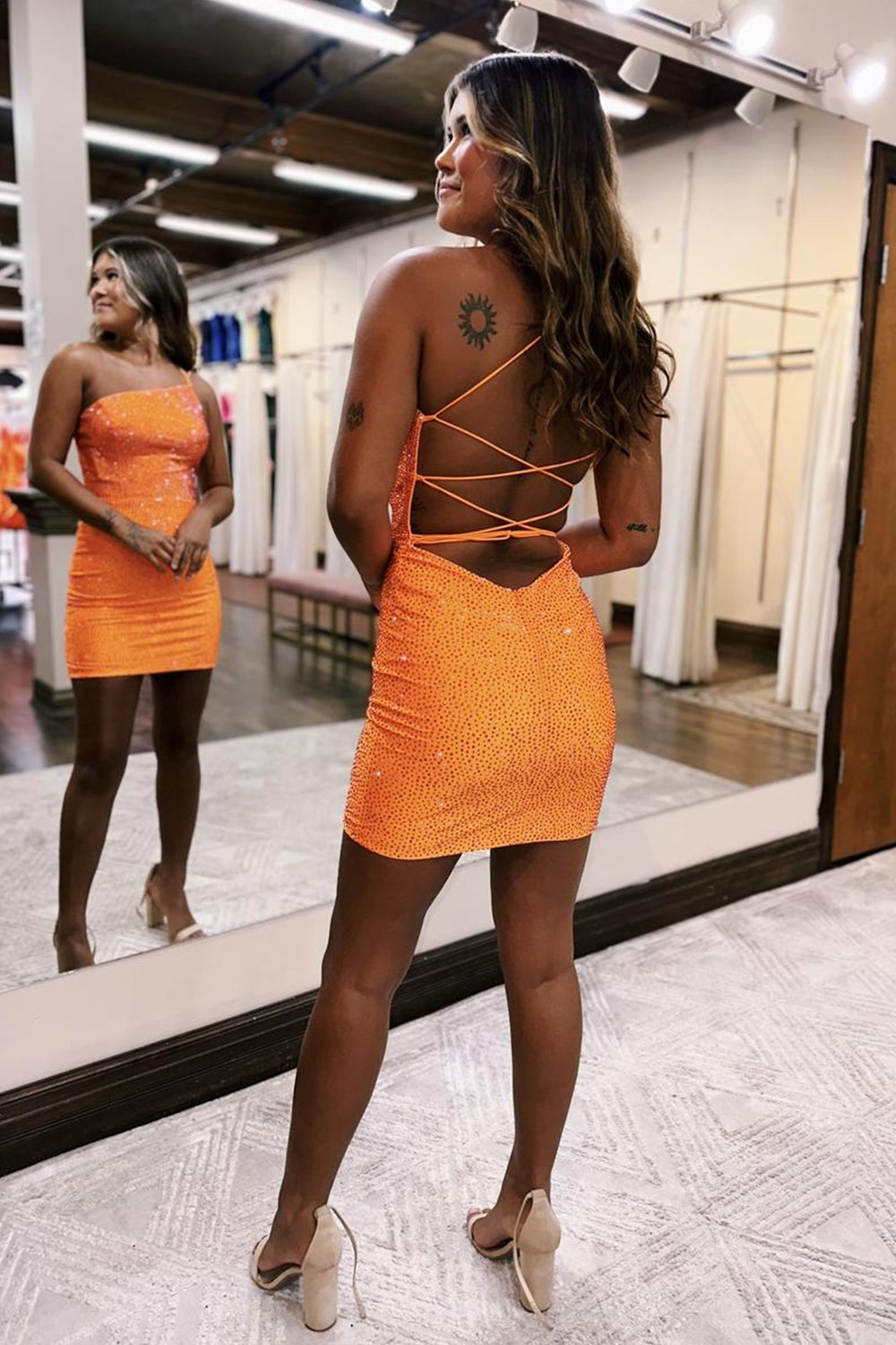 Sparkly Orange Beaded One Shoulder Sequins Tight Homecoming Dress/Mini Dress
