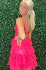 Fuchsia A Line Tiered Corset Short Homecoming Dress/Mini Dress With Appliques