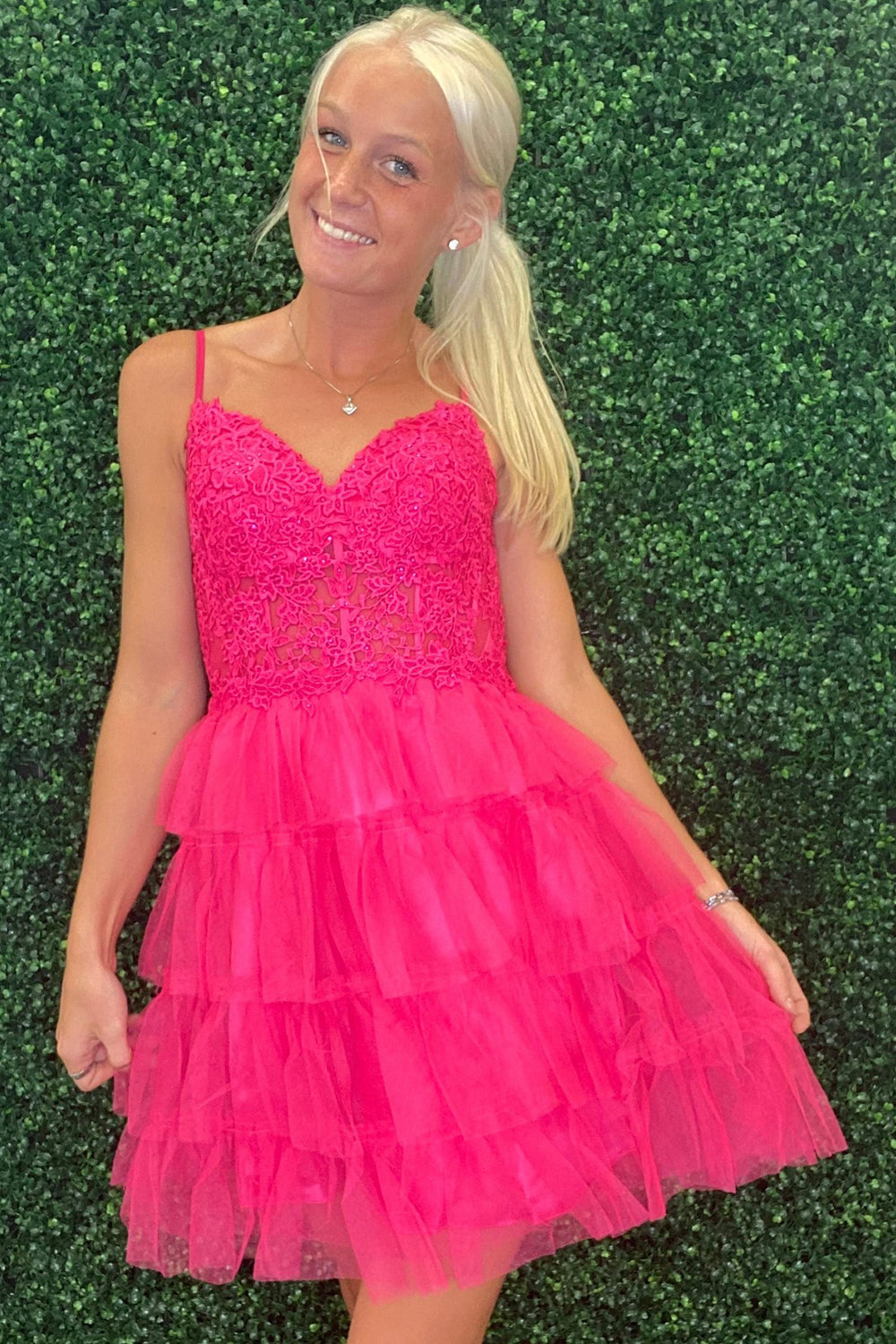 Fuchsia A Line Tiered Corset Short Homecoming Dress/Mini Dress With Appliques