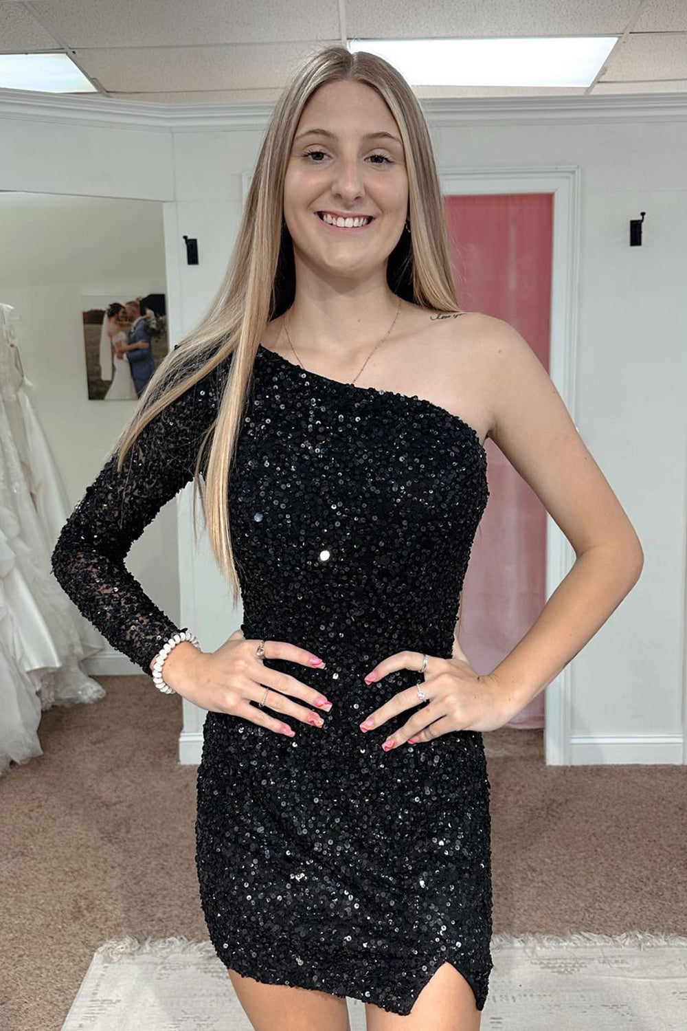 Pink One Shoulder One Sleeve Sequins Tight Short Homecoming Dress/Mini Dress