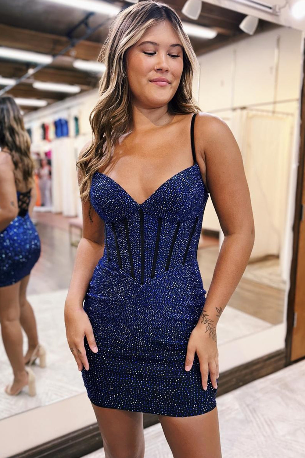 Sparkly Navy Beaded Lace-Up Back Corset Tight Short Homecoming Dress/Mini Dress