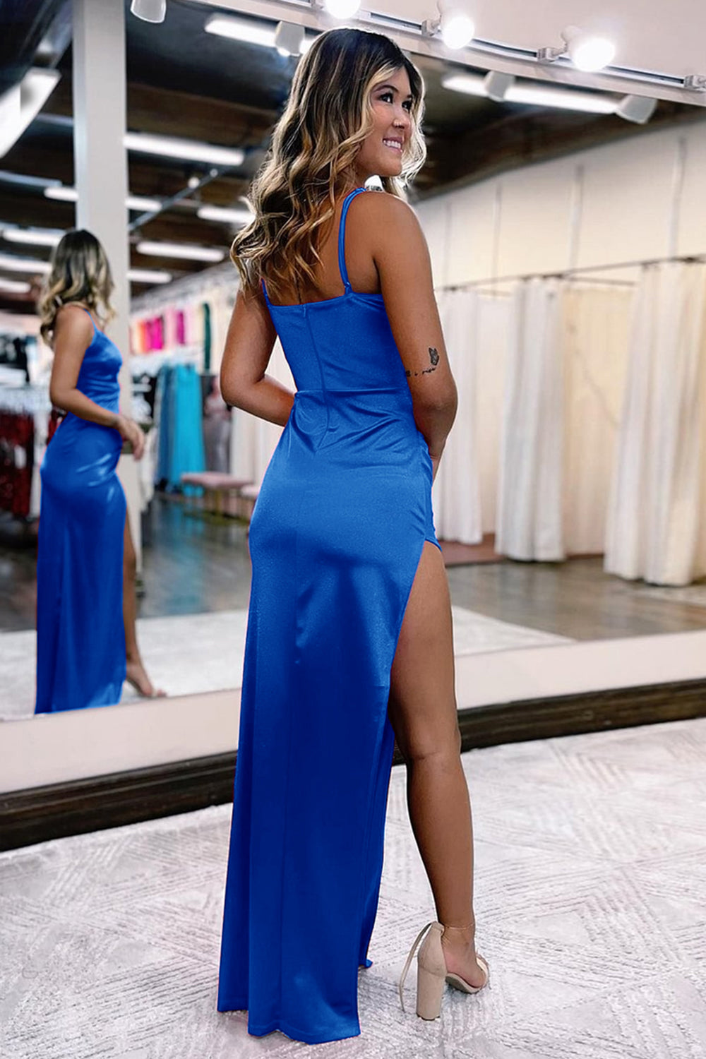 Simple V-Neck Prom Dress in Hot Pink Satin with Slit