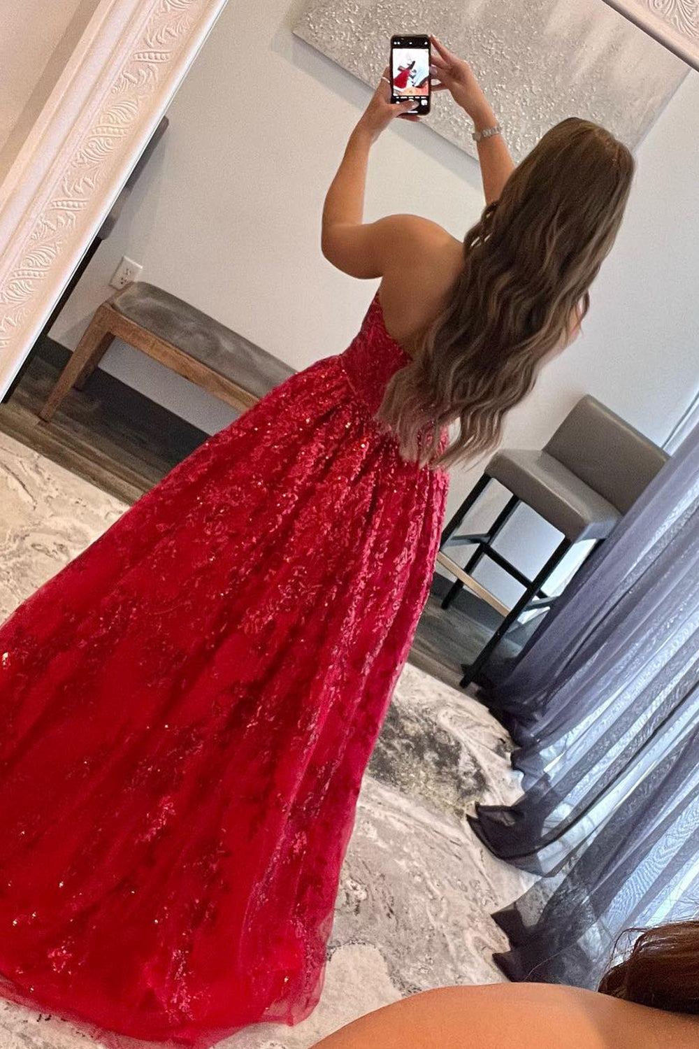 Long Red Strapless Prom Dress in A-Line Style