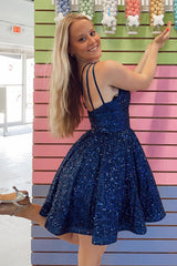 Navy Sequins One Shoulder A-Line Short Homecoming Dress/Mini Dress