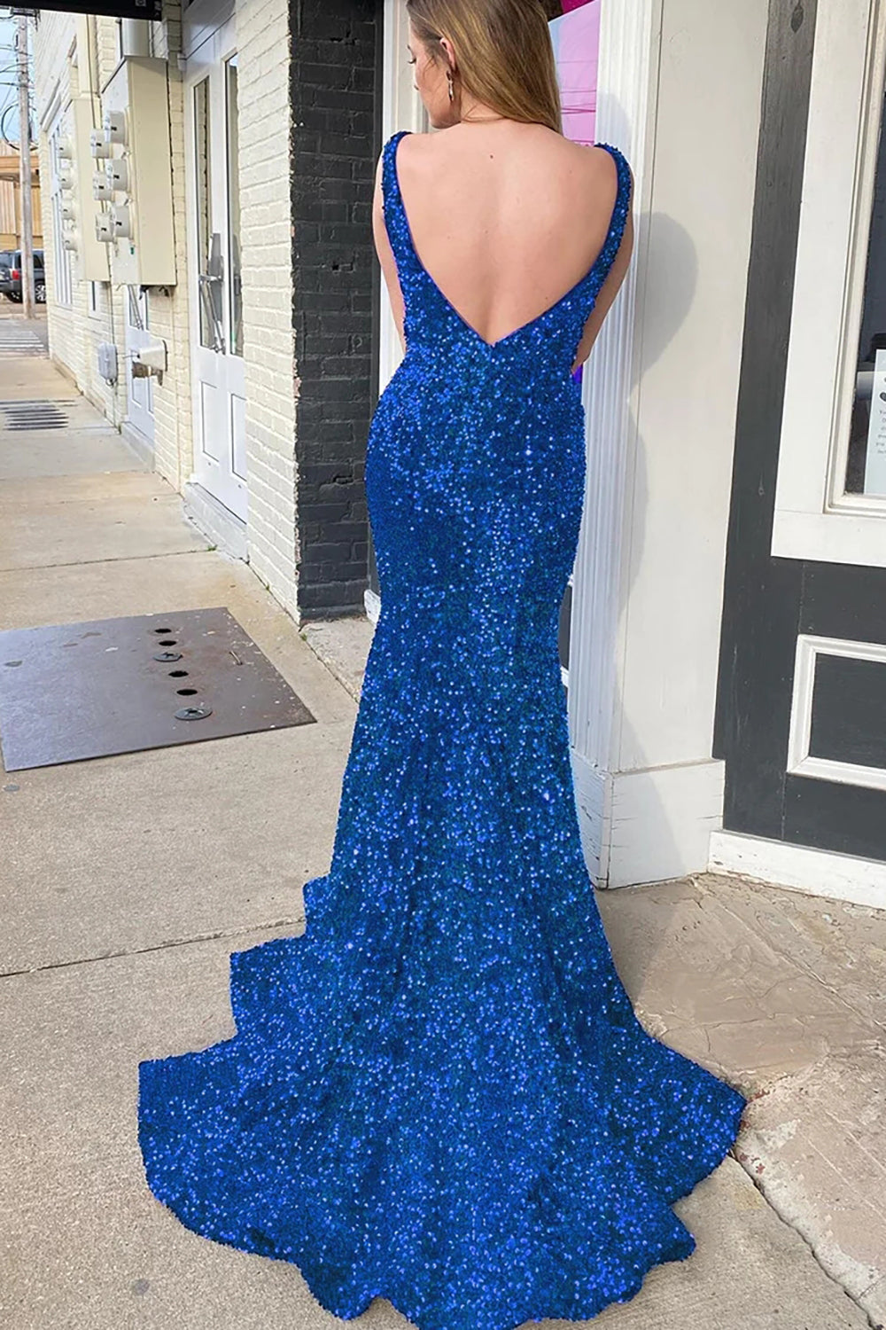 Red Sequined Long Prom Dress with Mermaid Deep V Neckline