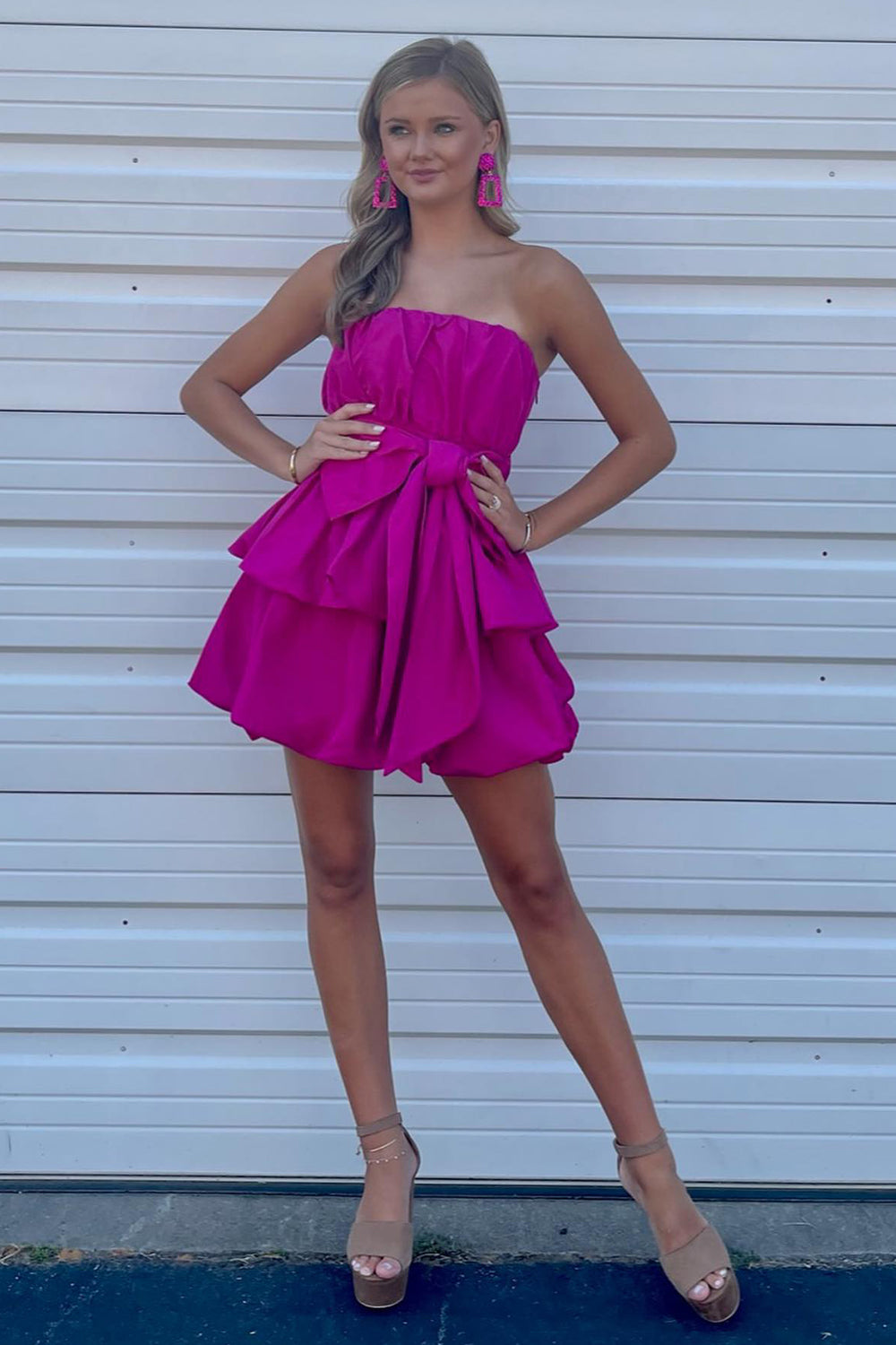 Fuchsia Tiered Sweetheart Short Homecoming Dress/Mini Dress With Bow