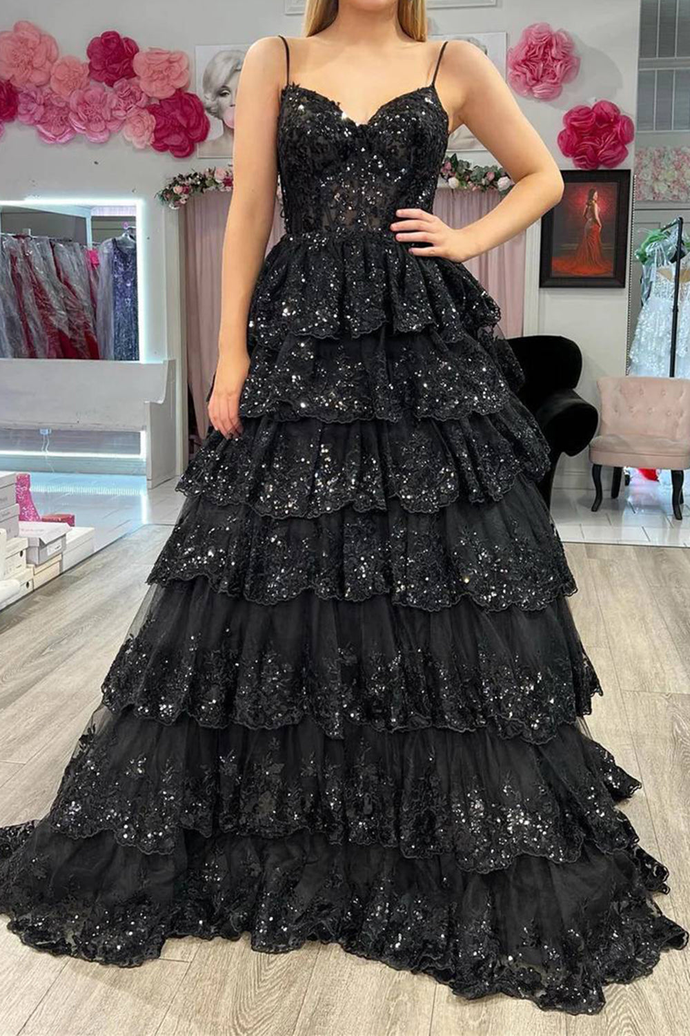 Long Corset Prom Dress in Pink with A Line Silhouette Spaghetti Straps and Sequined Tulle Tiers