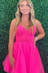 Fuchsia Spaghetti Straps Corset A-Line Short Tulle Homecoming Dress/Mini Dress
