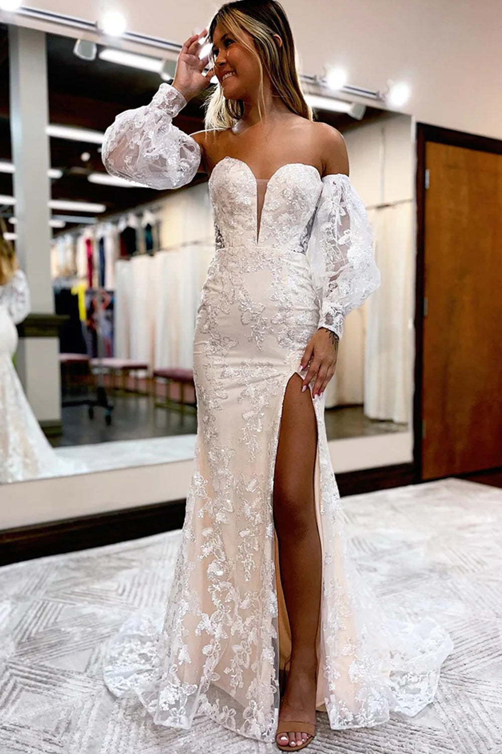 Sweetheart Lace Long Prom Dress with Blue Detachable Sleeves and Slit