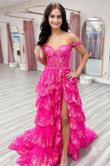 Long Tiered Off-the-Shoulder Corset Prom Dress in Fuchsia with Sequins for Princesses