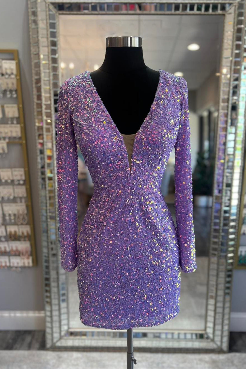 Sparkly Light Purple Sequins Tight Short Homecoming Dress/Mini Dress With Long Sleeves