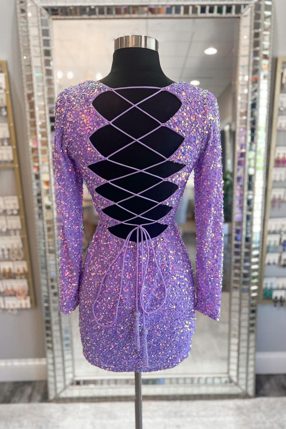 Sparkly Light Purple Sequins Tight Short Homecoming Dress/Mini Dress With Long Sleeves
