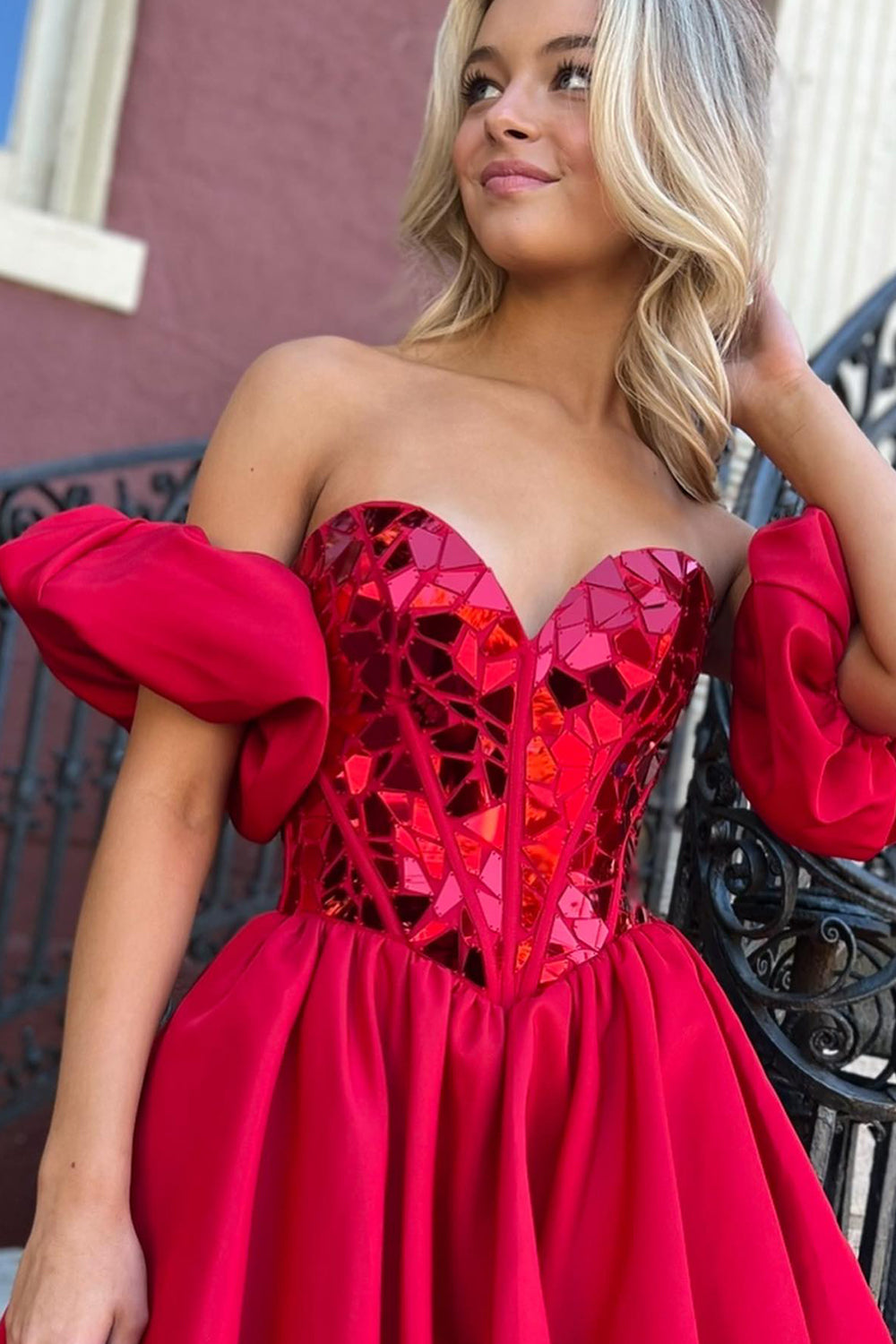 Red Mirror Sweetheart A Line Homecoming Dress/Mini Dress With Detchable Sleeves