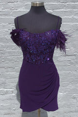 Sparkly Grape Sequins Spaghetti Straps Short Homecoming Dress/Mini Dress With Feathers
