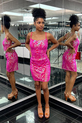 Sparkly Fuchsia Sequins Spaghetti Straps Tight Short Homecoming Dress/Mini Dress