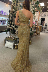 Golden Sequined Long Prom Dress with Mermaid Cut and One Shoulder