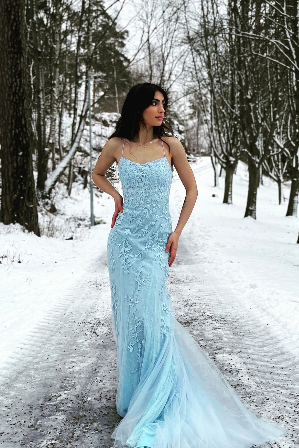 Long Blue Prom Dress with Mermaid Spaghetti Straps and Backless Design