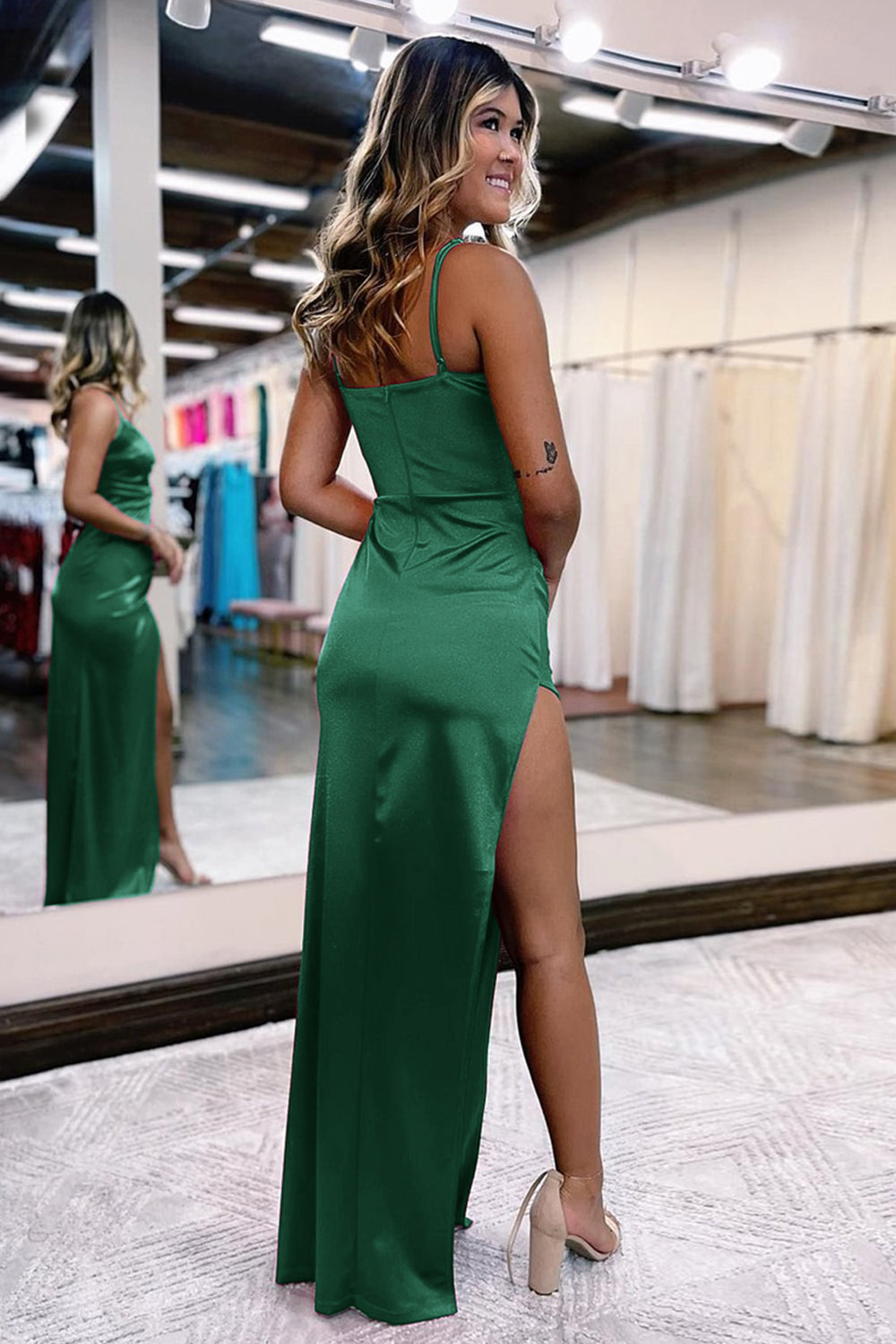 Simple V-Neck Prom Dress in Hot Pink Satin with Slit