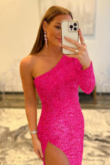 Sequined Prom Dress with a Single Shoulder in Pink