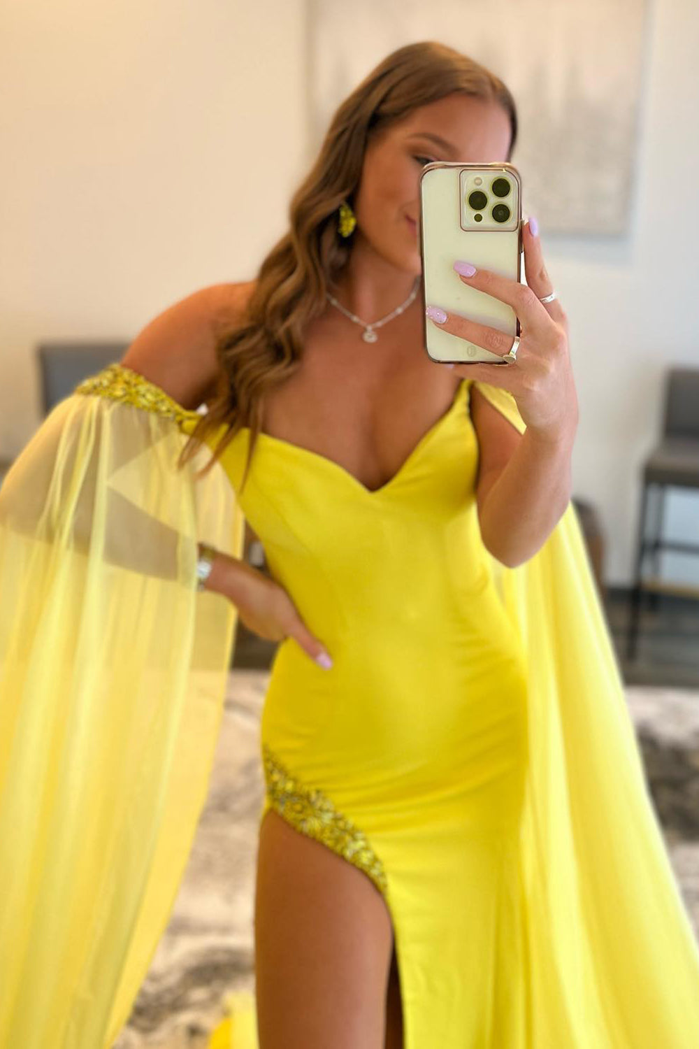 Yellow Long Prom Dress with Off-the-Shoulder A-Line and Slit