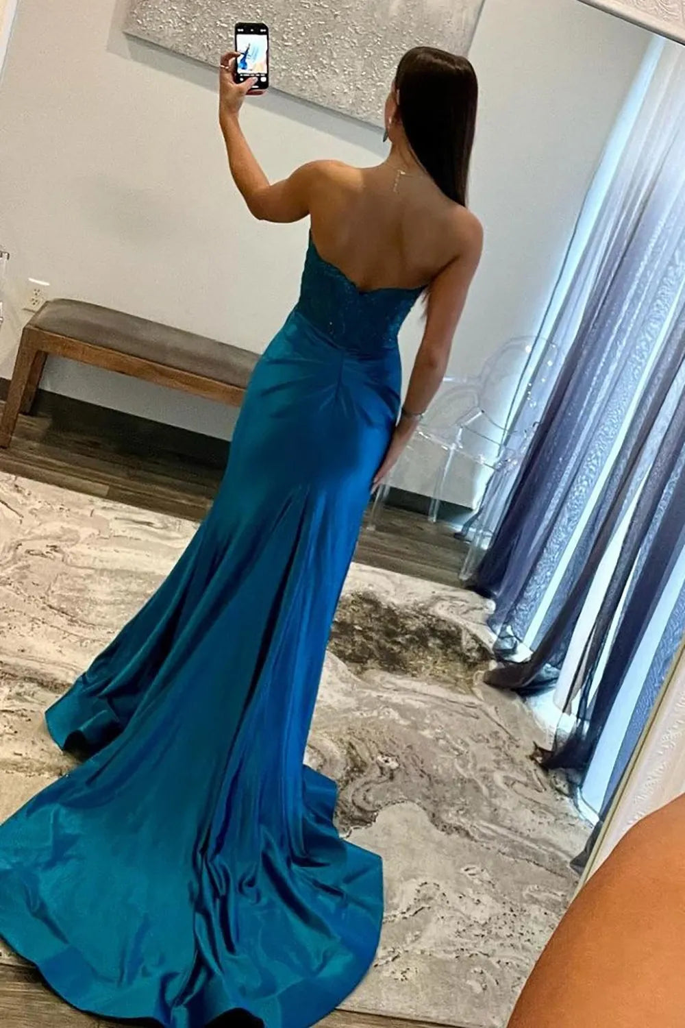 Sweetheart Long Corset Prom Dress in Navy with Mermaid Slit