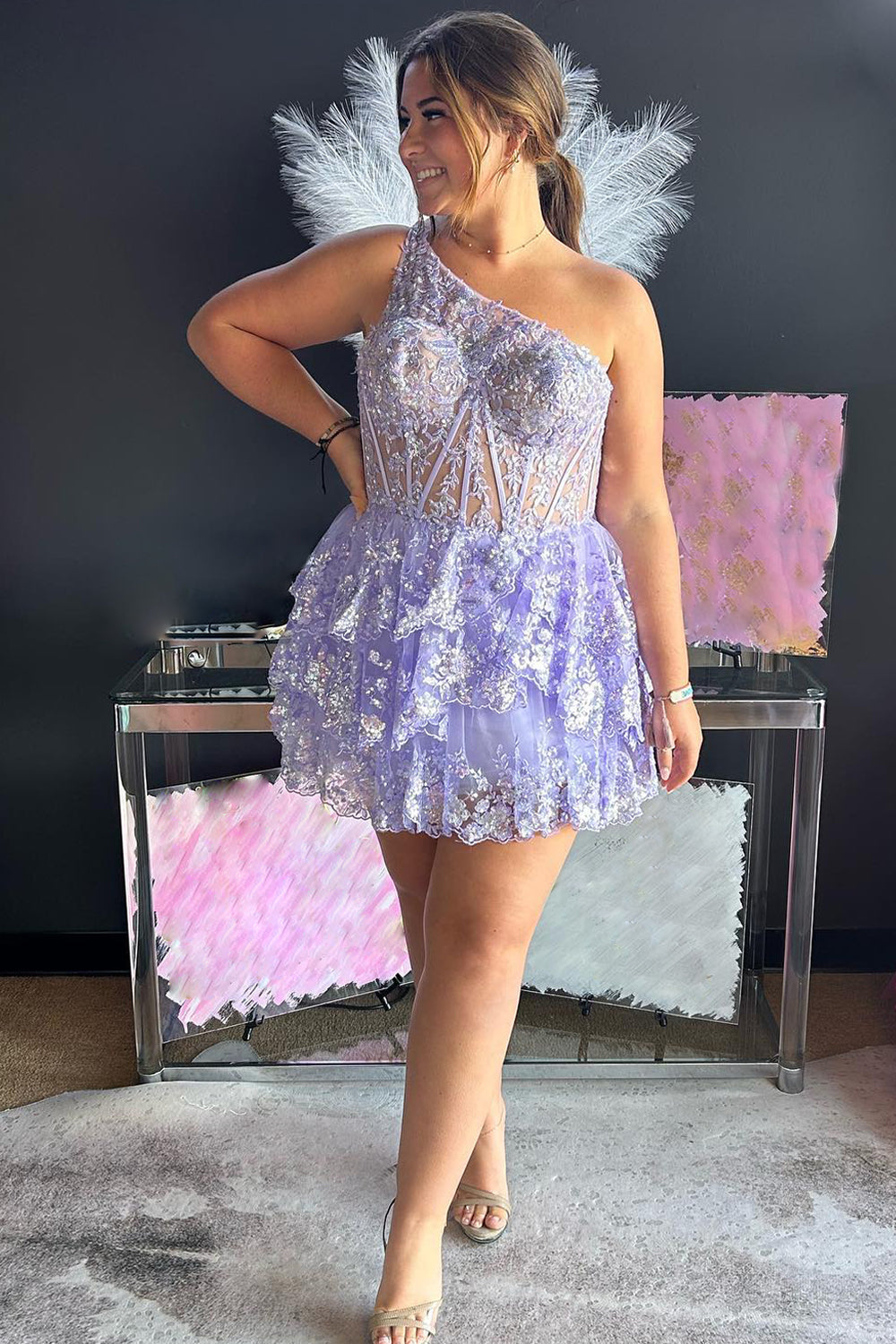 Sparkly One Shoulder Light Blue Corset Tiered Short Homecoming Dress/Mini Dress