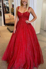 Glittery Backless Prom Dress in Red with A-line Silhouette