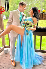 Sweetheart Blue Corset Prom Dress with A-Line Silhouette and Split Front Appliques