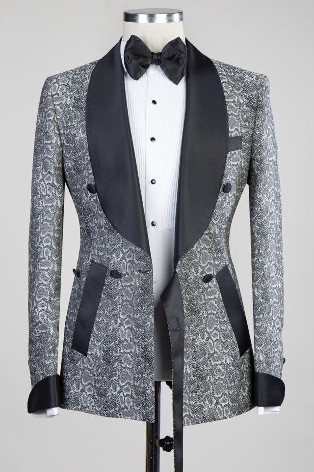 Khalil Gray Black Lapel Jacquard Wedding Men's Suits with Double-Breasted